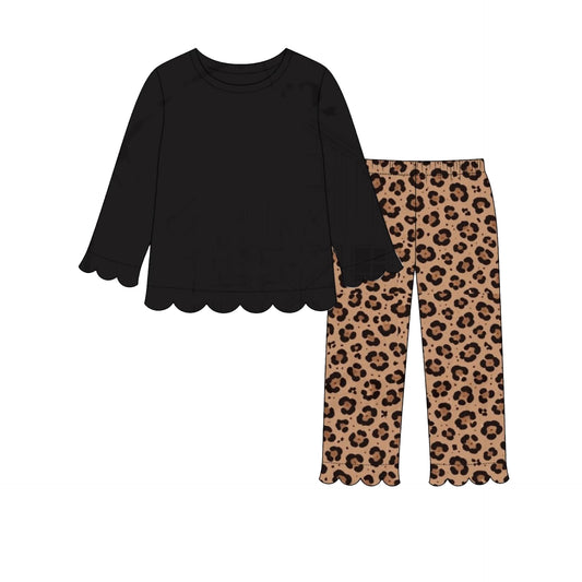 preorder GLP3488 Scallop Black Long Sleeve Leopard Pants Girls Set