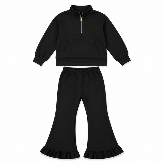 preorder GLP3489 Black Sweatshirt Pocket Zipper Long Sleeve Pants Girls Set