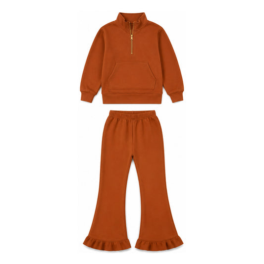preorder GLP3490 Orange Sweatshirt Pocket Zipper Long Sleeve Pants Girls Set