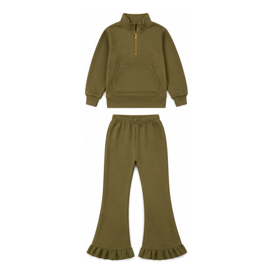 preorder GSPO2337 Green Sweatshirt Pocket Zipper Long Sleeve Pants Girls Set