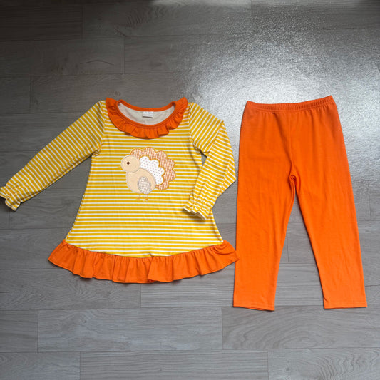 preorder Samples GLP3493 Thanksgiving Turkey Striped Long Sleeve Pants Girls Set