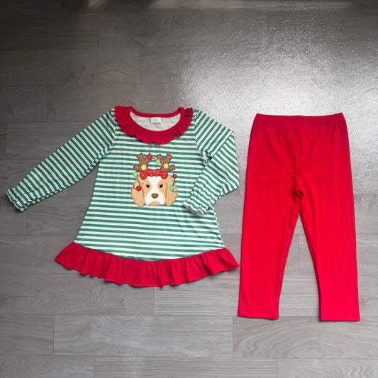 preorder Samples GLP3494 Christmas Dog Green Striped Long Sleeve Red Pants Girls Set