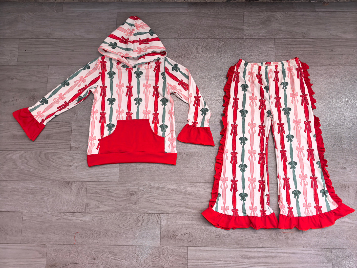 preorder Samples GLP3497 Christmas Green Red Bows Pocket Hoodie Long Sleeve Pants Girls Set