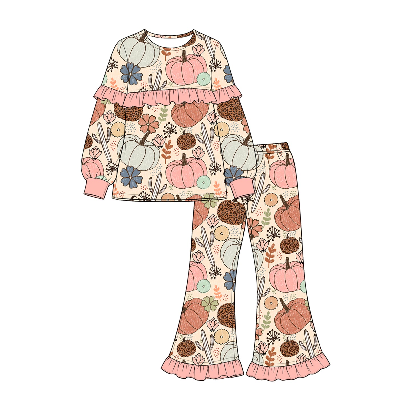 preorder GLP3502 Pumpkin Flowers Pink Long Sleeve Pants Girls Set