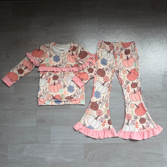 preorder Samples GLP3502 Pumpkin Flowers Pink Long Sleeve Pants Girls Set