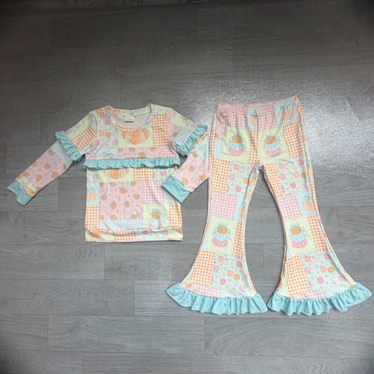 preorder Samples GLP3503 Pumpkin Flowers Pink Long Sleeve Pants Girls Set