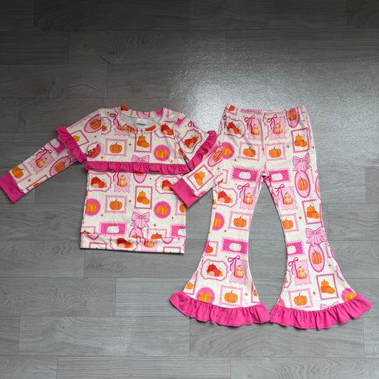 preorder Samples GLP3504 Pumpkin Bows Hot Pink Long Sleeve Pants Girls Set