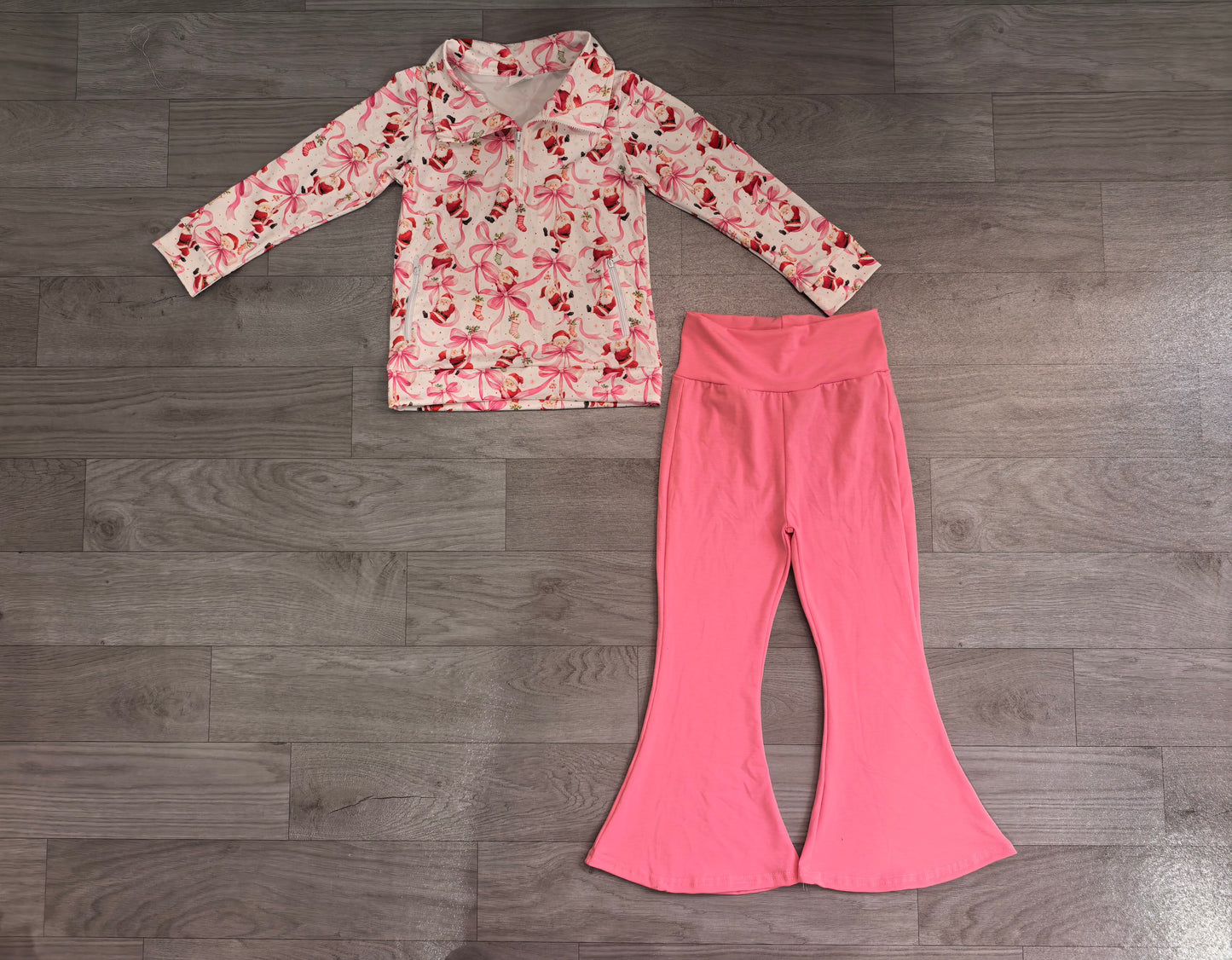 preorder Samples GLP3508 Christmas Santa Bows Zipper Long Sleeve Pink Pants Girls Set