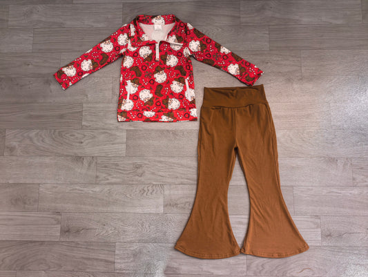 preorder Samples GLP3509 Christmas Santa Zipper Long Sleeve Brown Pants Girls Set
