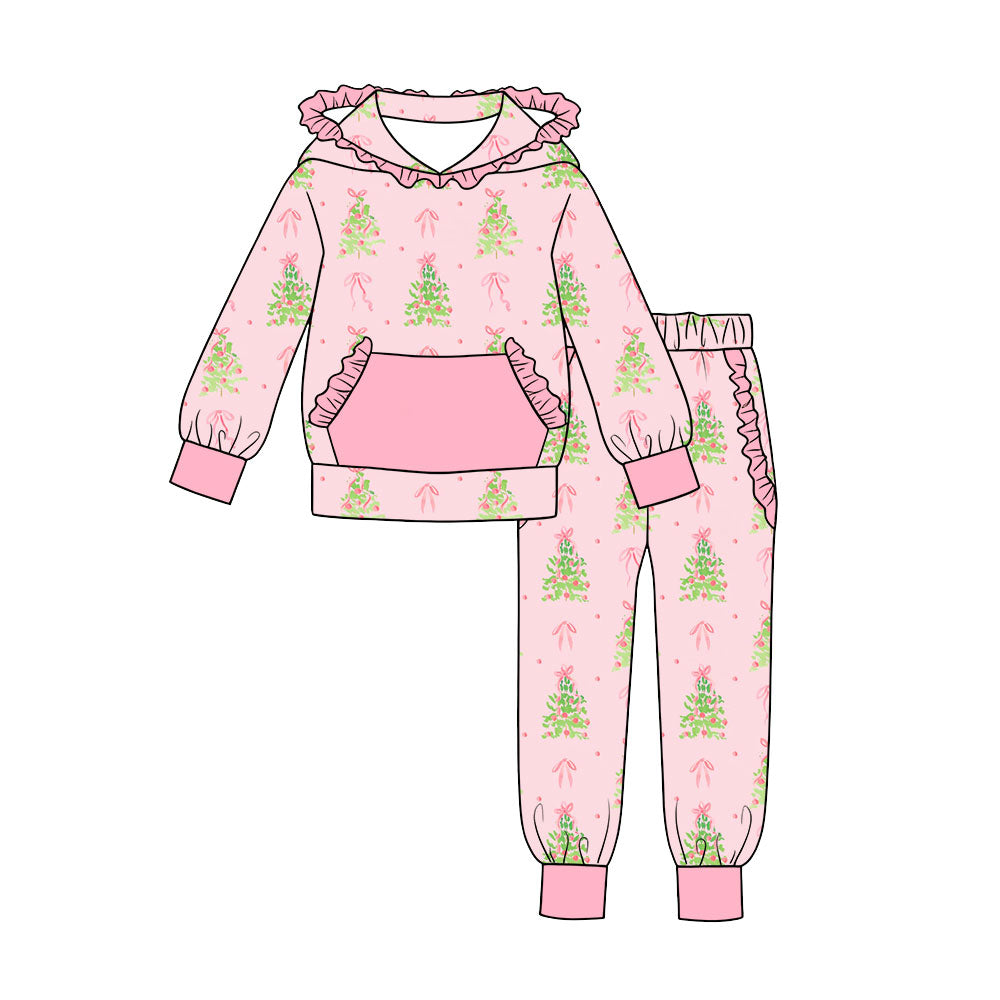 preorder GLP3512 Christmas Tree Bows Pink Pocket Hoodie Long Sleeve Pants Girls Set