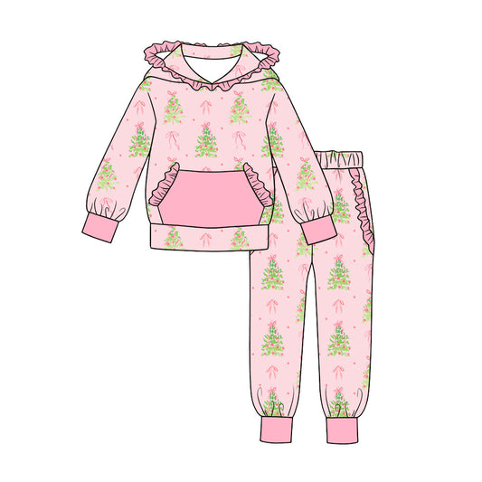 preorder GLP3512 Christmas Tree Bows Pink Pocket Hoodie Long Sleeve Pants Girls Set