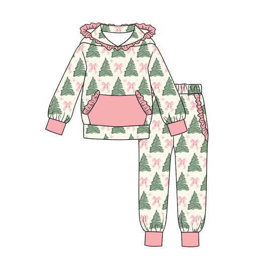 preorder GLP3513 Christmas Tree Bows Pink Pocket Hoodie Long Sleeve Pants Girls Set