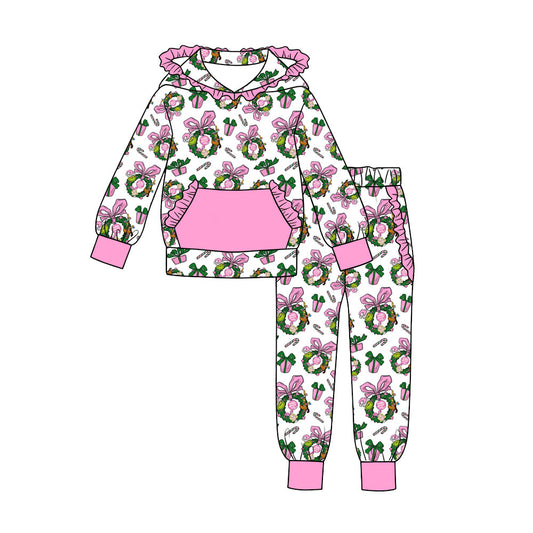 preorder GLP3517 Christmas Bows Pink Pocket Hoodie Long Sleeve Pants Girls Set