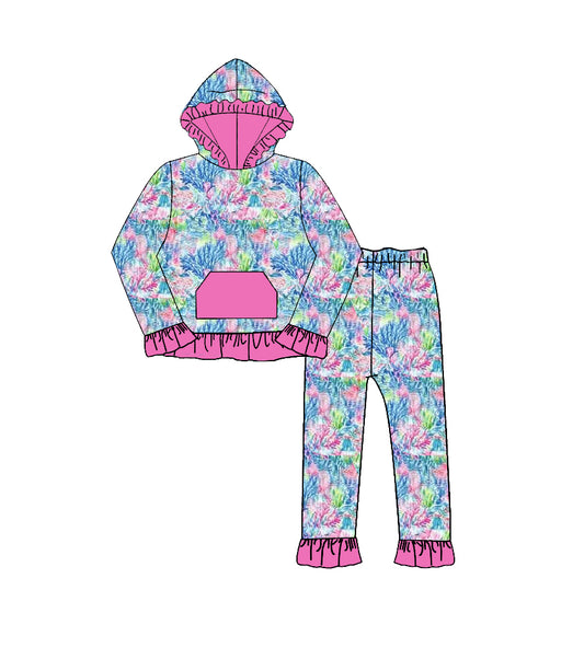 preorder GLP3518 Colorful Print Pocket Hoodie Long Sleeve Pants Girls Set