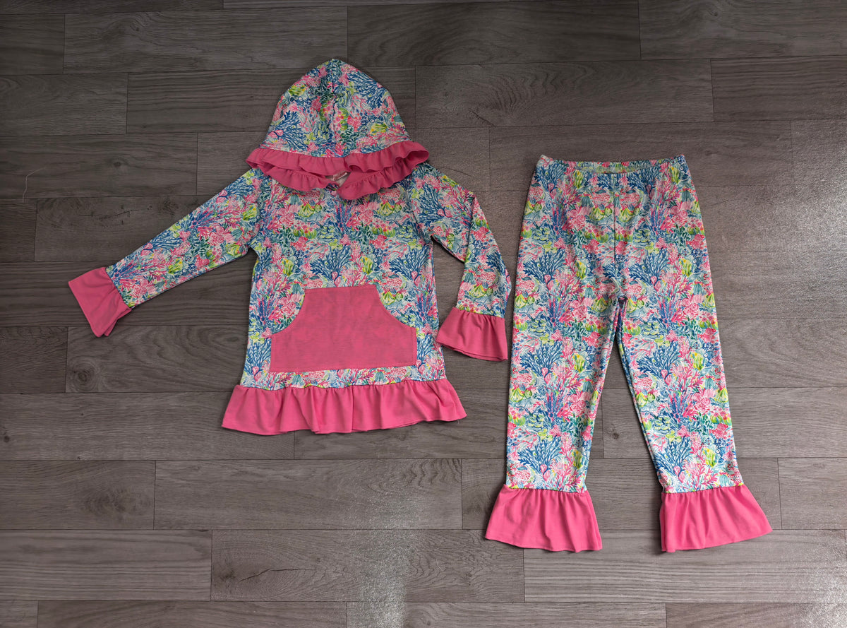 preorder Samples GLP3518 Colorful Print Pocket Hoodie Long Sleeve Pants Girls Set