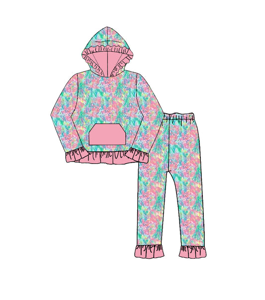 preorder GLP3519 Colorful Print Pocket Hoodie Long Sleeve Pants Girls Set