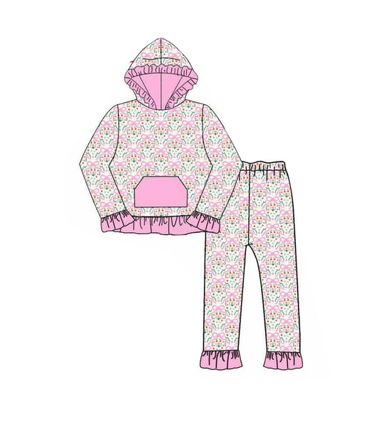preorder GLP3520 Flowers Bows Pocket Hoodie Long Sleeve Pants Girls Set