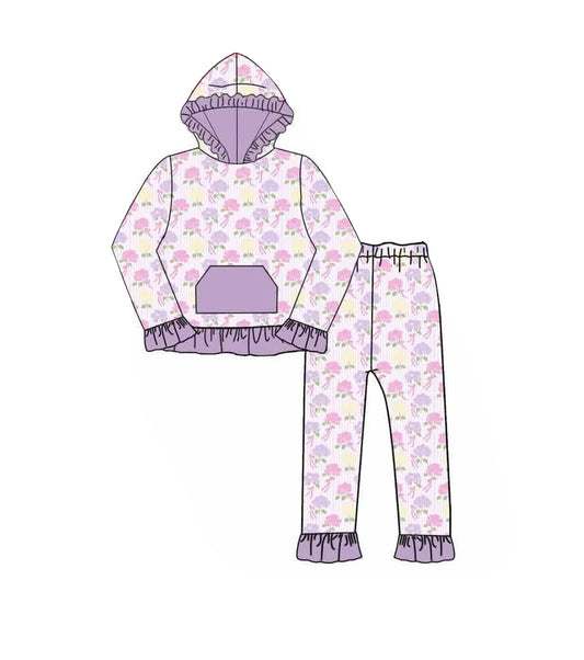 preorder GLP3521 Flowers Purple Pocket Hoodie Long Sleeve Pants Girls Set