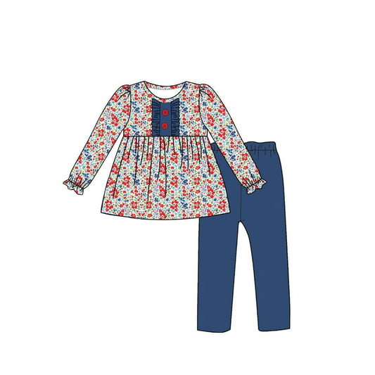 preorder GLP3522 Flowers Long Sleeve Navy Blue Pants Girls Set