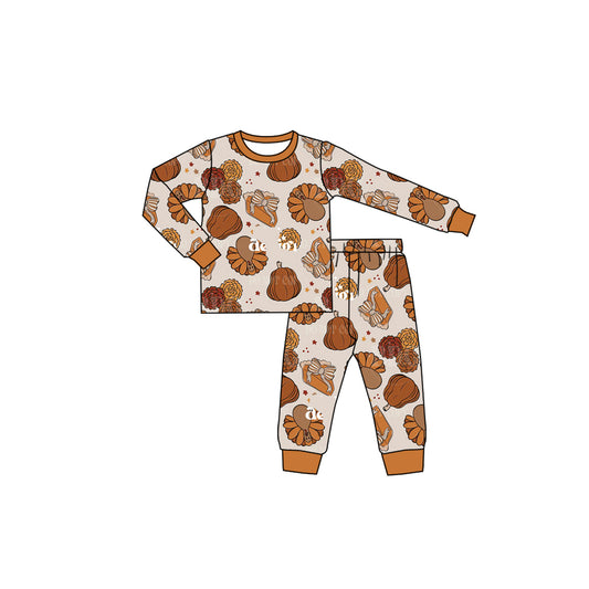 preorder GLP3532 Thanksgiving Turkey Pumpkin Pie Long Sleeve Pants Girls Pajamas