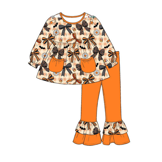 preorder GLP3534 Halloween Bows Corn Candy Pocket Long Sleeve Pants Girls Set