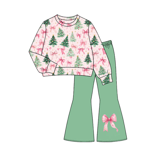 preorder GLP3539 Christmas Tree Bows Long Sleeve Green Pants Girls Set