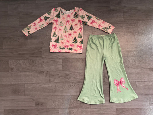 preorder Samples GLP3539 Christmas Tree Bows Long Sleeve Green Pants Girls Set