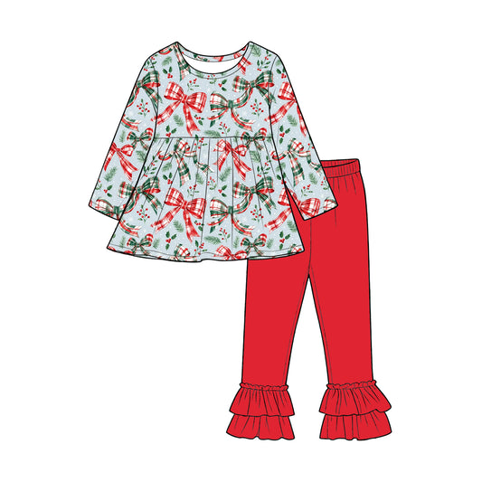 preorder GLP3541 Christmas Green Red Bows Long Sleeve Pants Girls Set