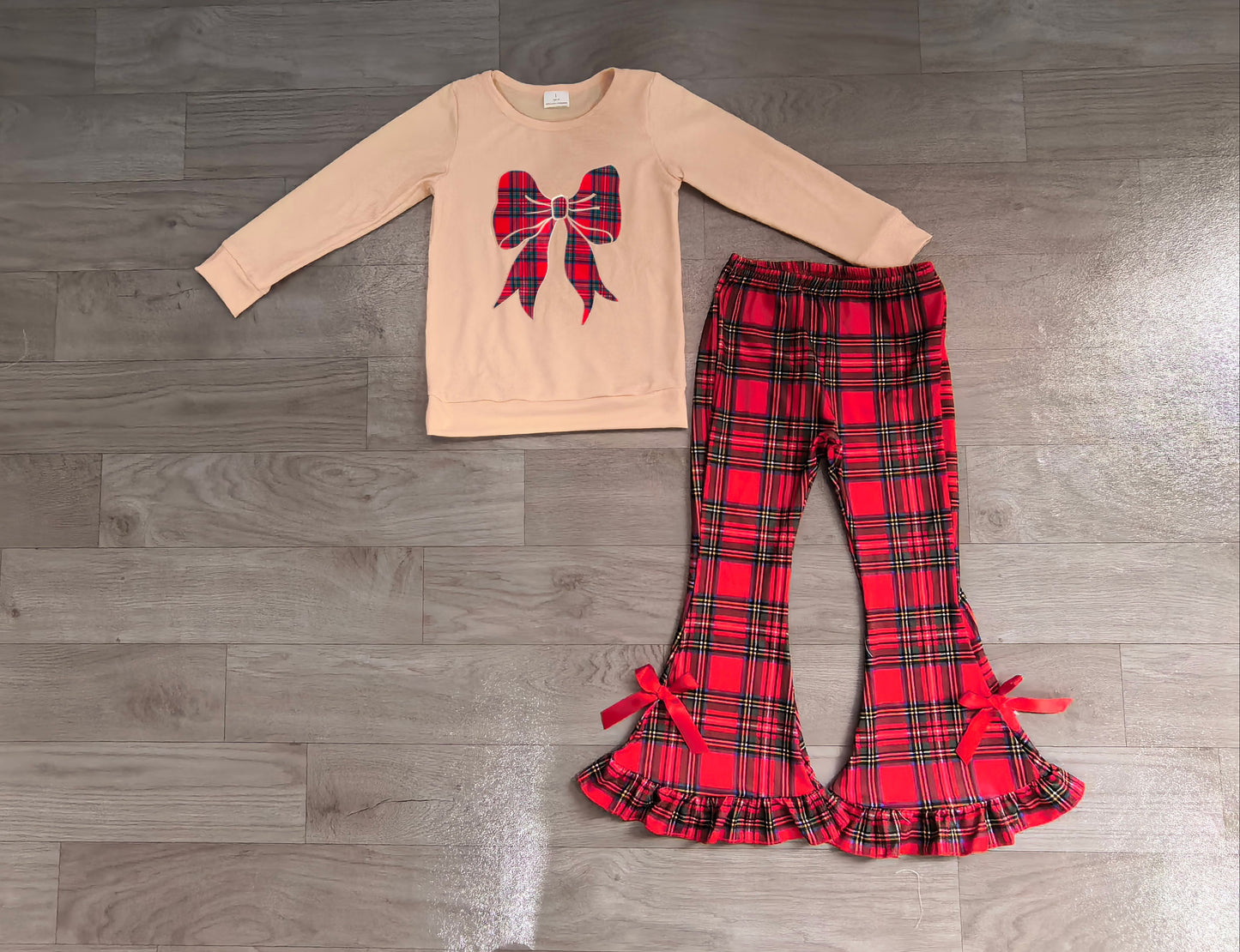 preorder Samples GLP3547 Christmas Bow Long Sleeve Red Checkered Pants Girls Set
