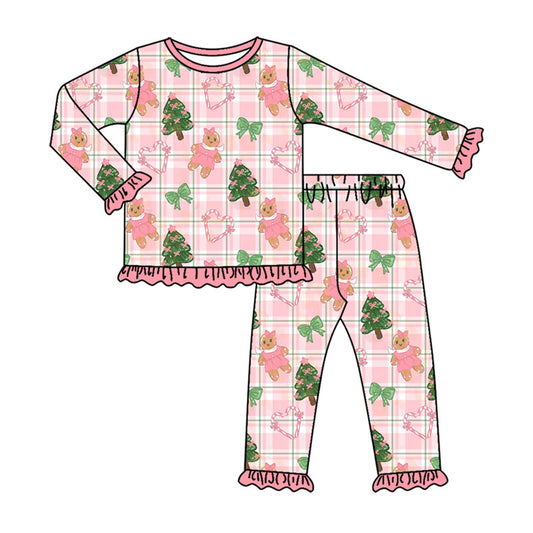 preorder GLP3550 Christmas Gingerbread Man Tree Pink Long Sleeve Pants Girls Pajams