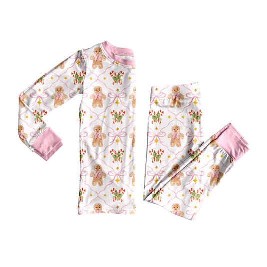 preorder GLP3552 Christmas Gingerbread Man Bows Long Sleeve Pants Girls Pajamas