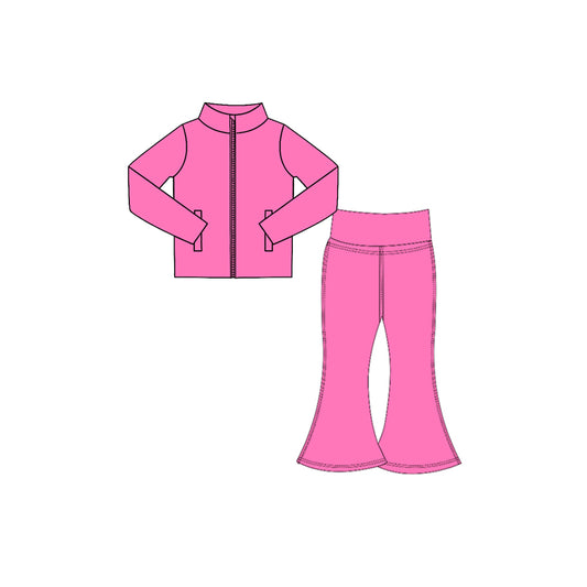 preorder GLP3574 Yoga Hot Pink Zipper long Sleeve Pants Girls Set
