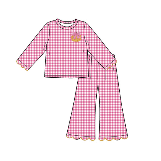 preorder GLP3587 Pumpkin Bows Hot Pink Checkered Long Sleeve Pants Girls Set