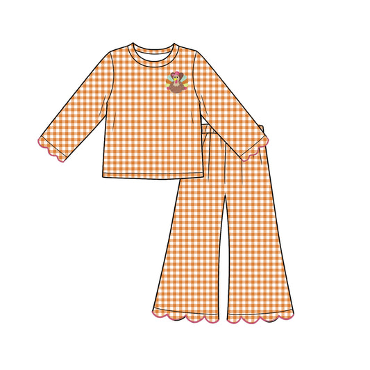 preorder GLP3588 Thanksgiving Turkey Orange Checkered Long Sleeve Pants Girls Set