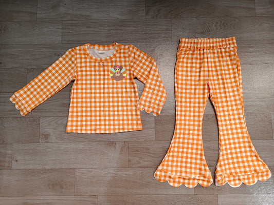preorder Samples GLP3588 Thanksgiving Turkey Orange Checkered Long Sleeve Pants Girls Set
