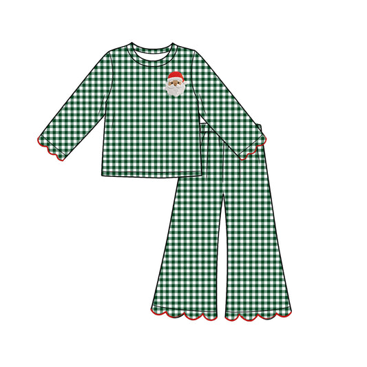 preorder GLP3589 Christmas Santa Green Checkered Long Sleeve Pants Girls Set