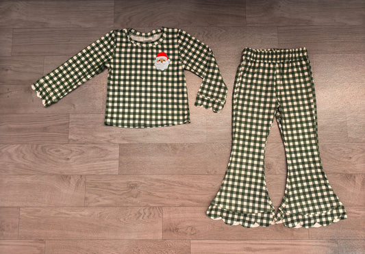 preorder Samples GLP3589 Christmas Santa Green Checkered Long Sleeve Pants Girls Set