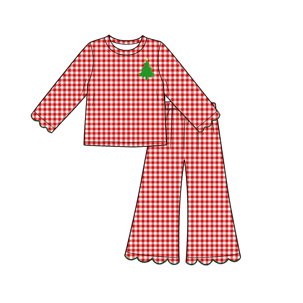 preorder GLP3590 Christmas Tree Red Checkered Long Sleeve Pants Girls Set