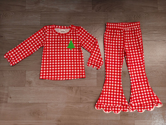 preorder Samples GLP3590 Christmas Tree Red Checkered Long Sleeve Pants Girls Set