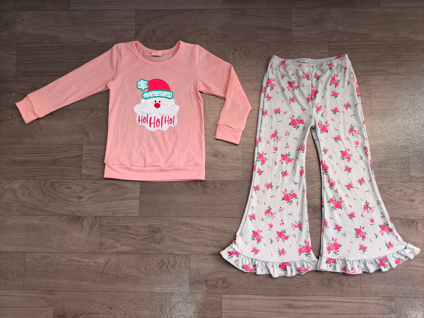 preorder Samples GLP3596 Christmas Santa Pink Long Sleeve Flowers Pants Girls Set