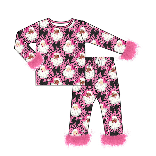 preorder GLP3610 Christmas Santa Bows Hot Pink Fur Long Sleeve Pants Girls Pajamas