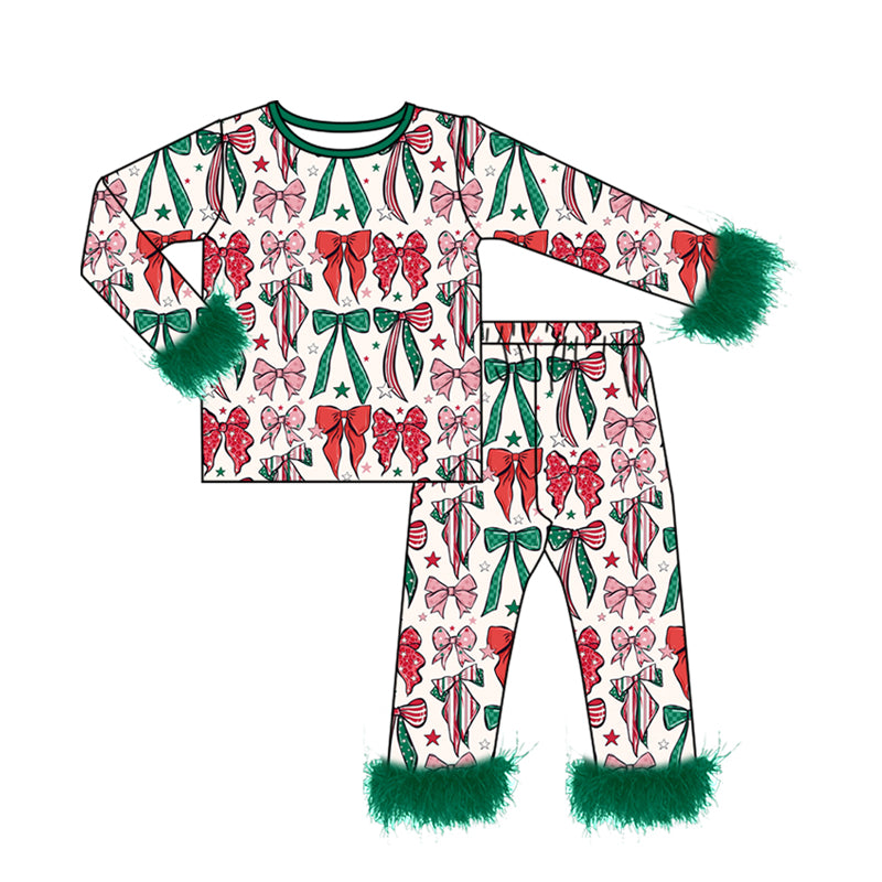 preorder GLP3611 Christmas Bows Green Fur Long Sleeve Pants Girls Pajamas