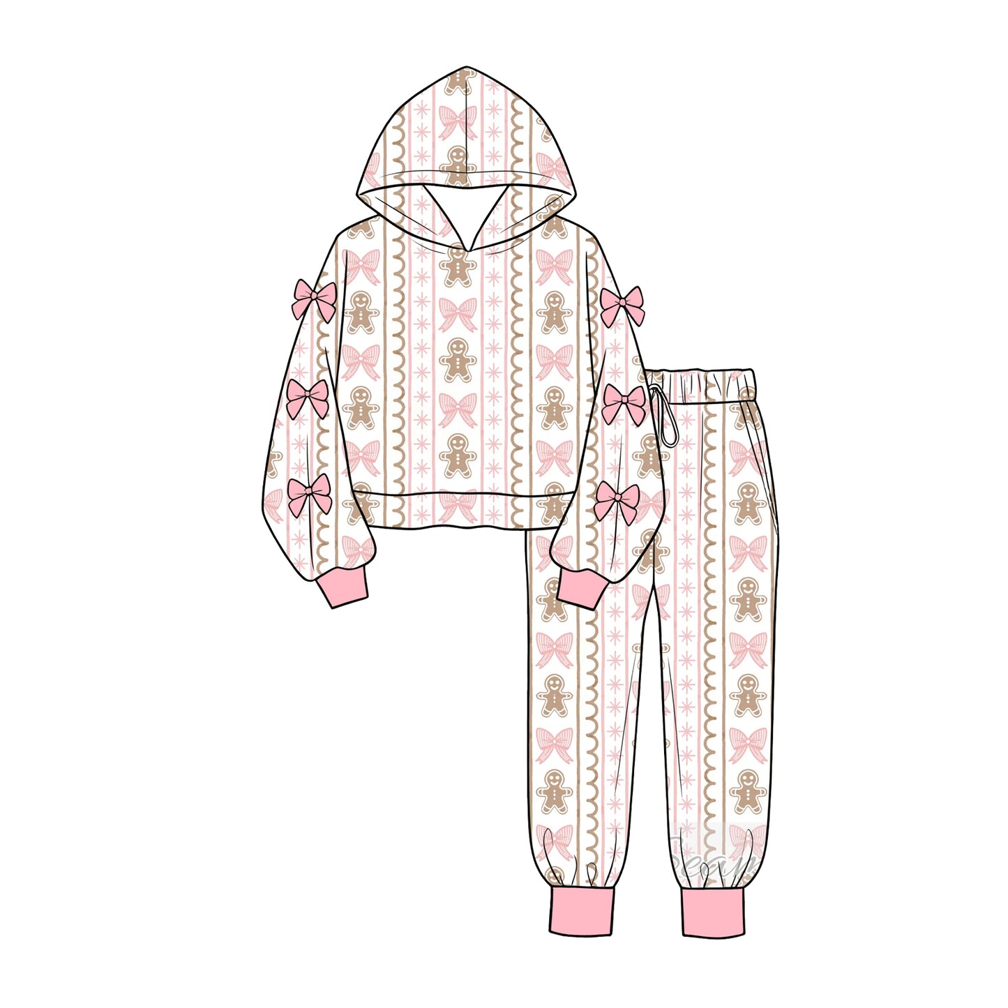preorder GLP3614 Christmas Bows Gingerbread Man Hoodie Long Sleeve Pants Girls Set