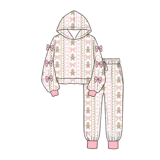preorder GLP3614 Christmas Bows Gingerbread Man Hoodie Long Sleeve Pants Girls Set