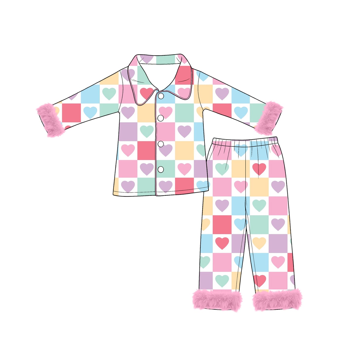 preorder GLP3620 Valentine's Day Colorful Heart Fur Long Sleeve Pants Girls Pajamas