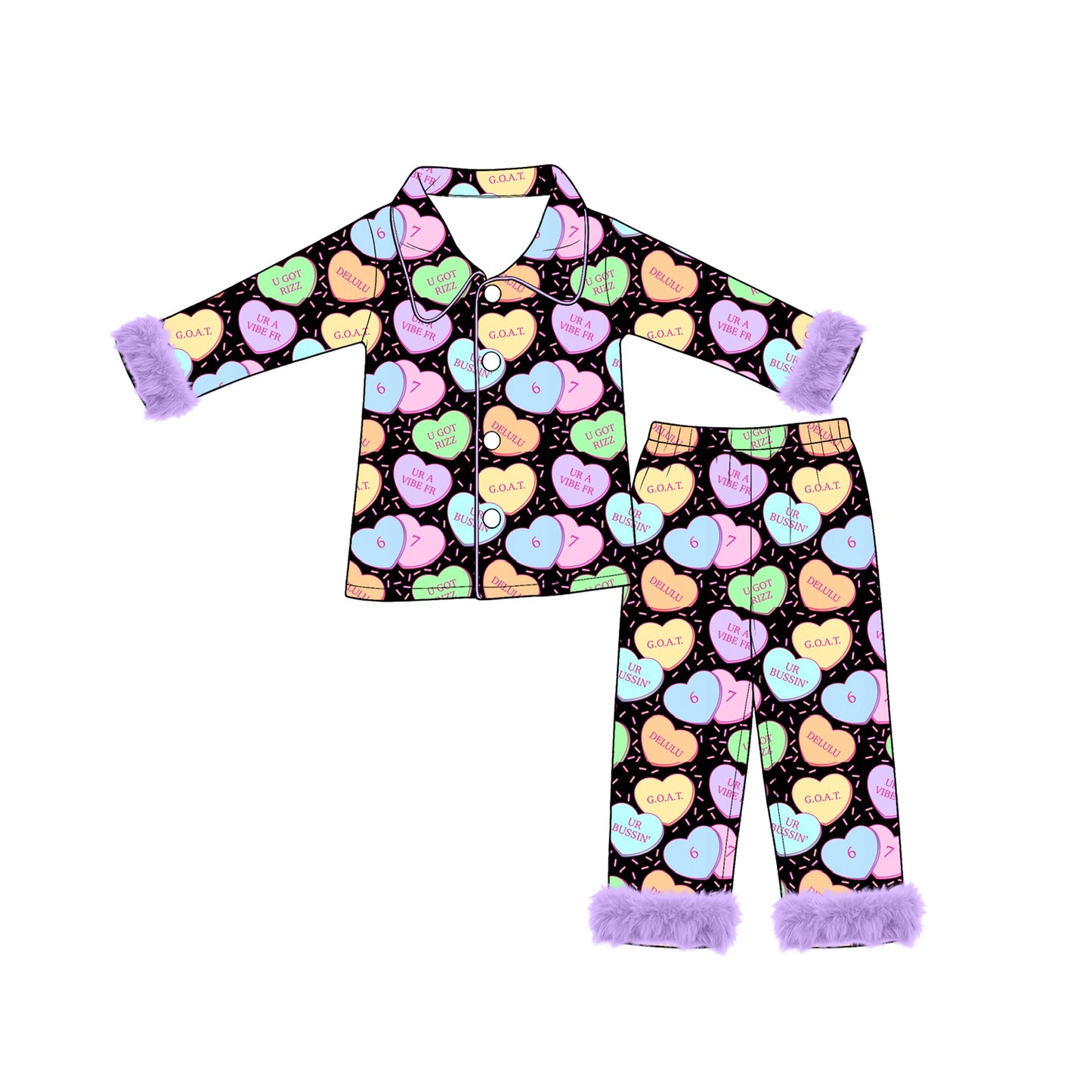 preorder GLP3621 Valentine's Day Heart Black Fur Long Sleeve Pants Girls Pajamas