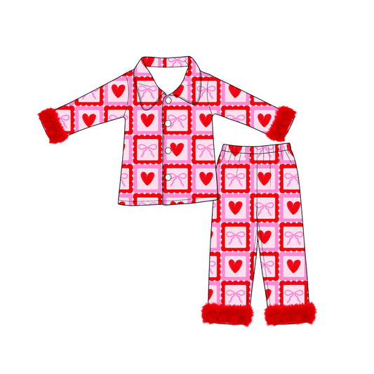 preorder GLP3622 Valentine's Day Heart Hot Pink Fur Long Sleeve Pants Girls Pajamas