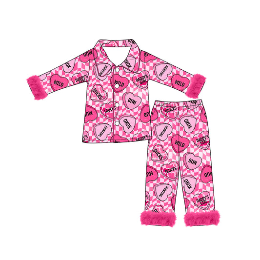 preorder GLP3623 Valentine's Day Heart Hot Pink Fur Long Sleeve Pants Girls Pajamas