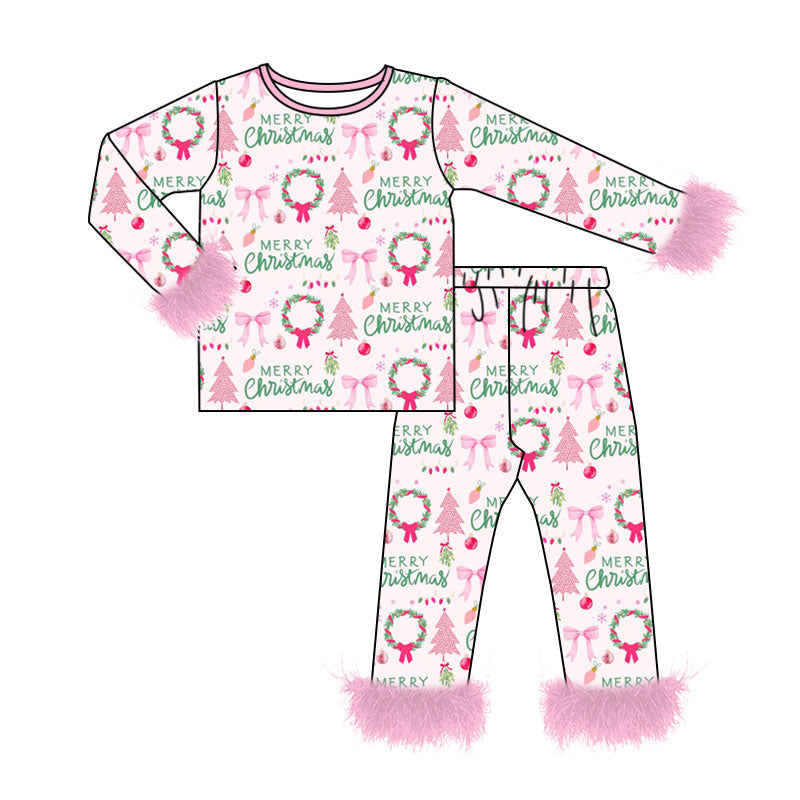 preorder GLP3635 Christmas Tree Bows Pink Fur Long Sleeeve Pants Girls Pajamas