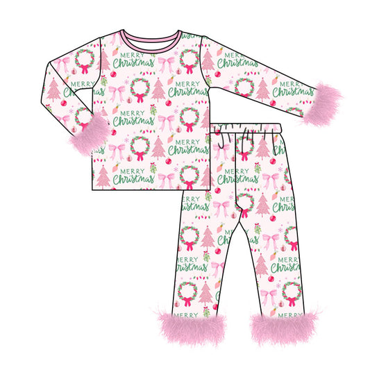 preorder GLP3635 Christmas Tree Bows Pink Fur Long Sleeeve Pants Girls Pajamas